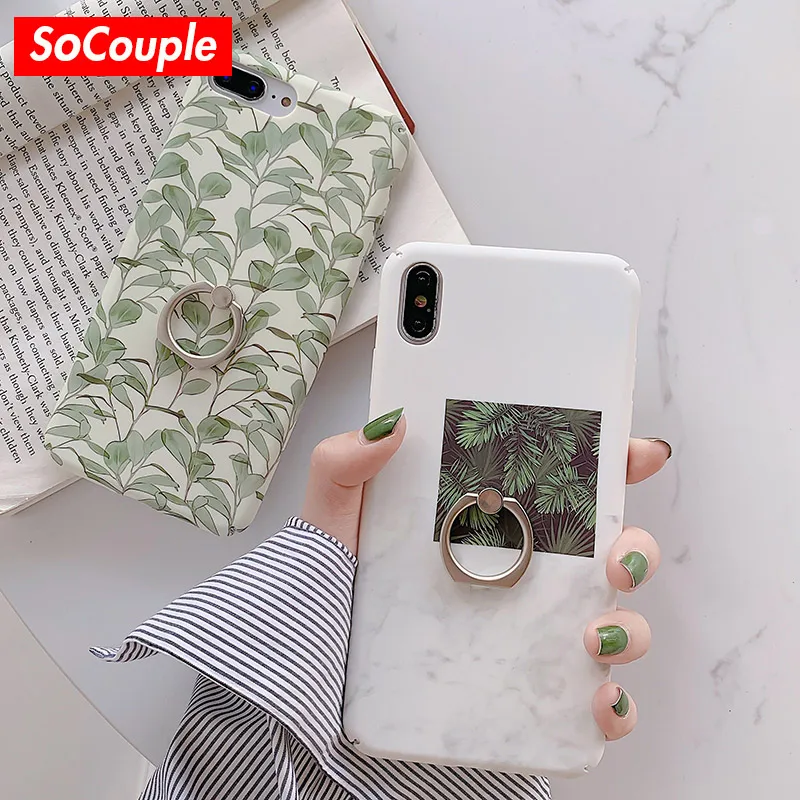 

SoCouple Green Plant Leaf Phone Holder Case For iphone X Xs max XR Case For iphone 6 6s 7 8 plus Finger Ring Grip Back Cover