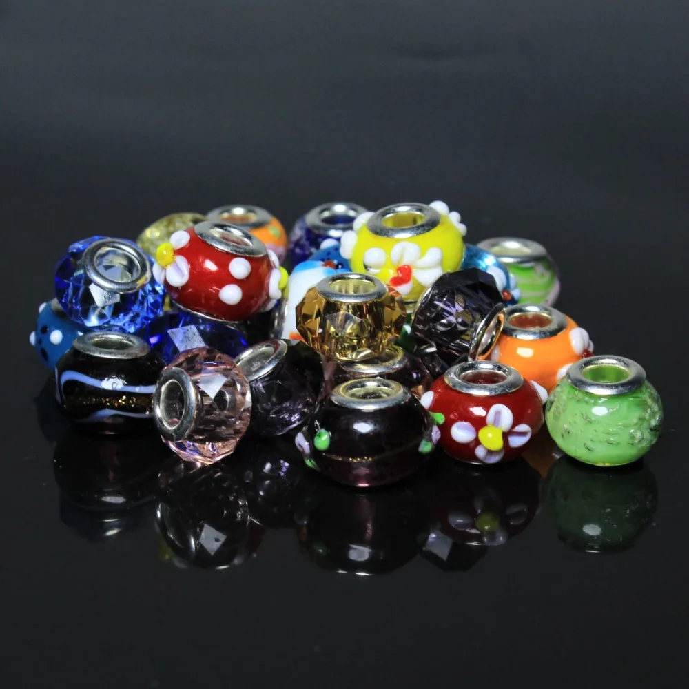 

50 PCS Mix Color Big Hole Beads Acylice Glass Beads For Jewelry Making Pattern Mix Type Beads DIY Charms Bracelet 9*14 mm