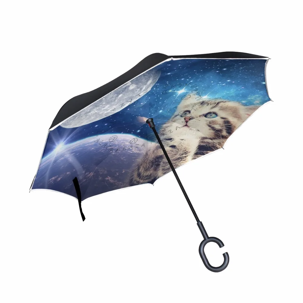 

Custom Cute Cat Reverse Umbrella Windproof Double Layer Inverted Umbrella Cat Praying to the Starry Sky Women Umbrellas Rain