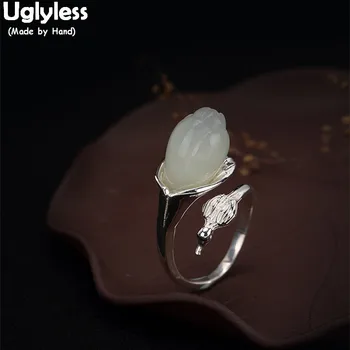 

Uglyless Real 925 Sterling Silver Natural White Jade Flower Rings Orchid Opening Ring Engraved Bird Fine Jewelry Magpies Bijoux