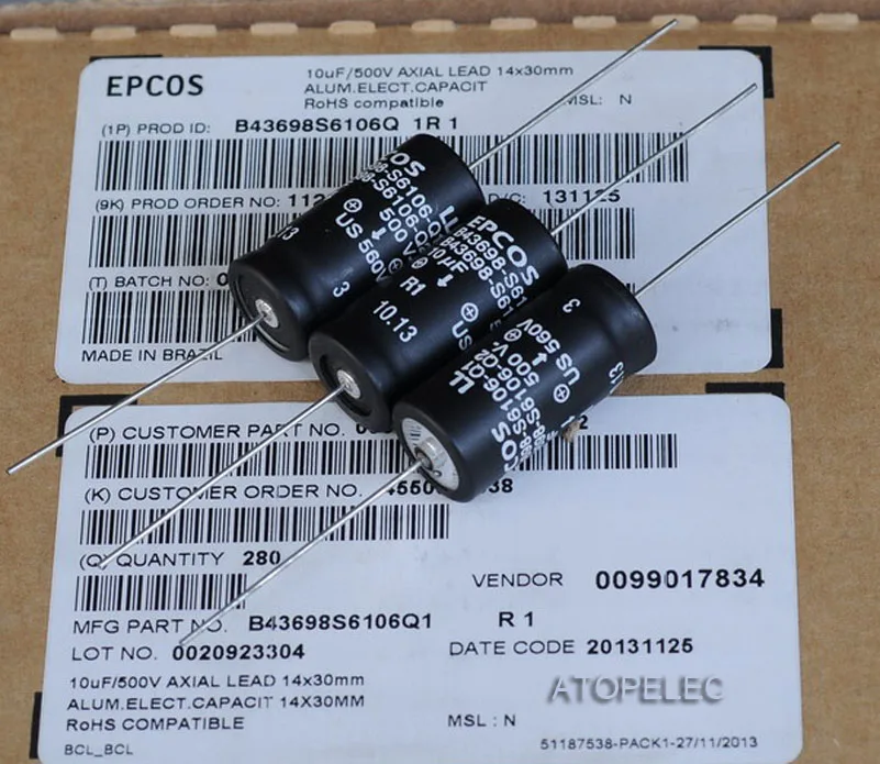 1 шт. EPCOS 10 мкФ/500 V LL осевые электролитические конденсаторы Hi Fi аудио 105 Deg. C|epcos
