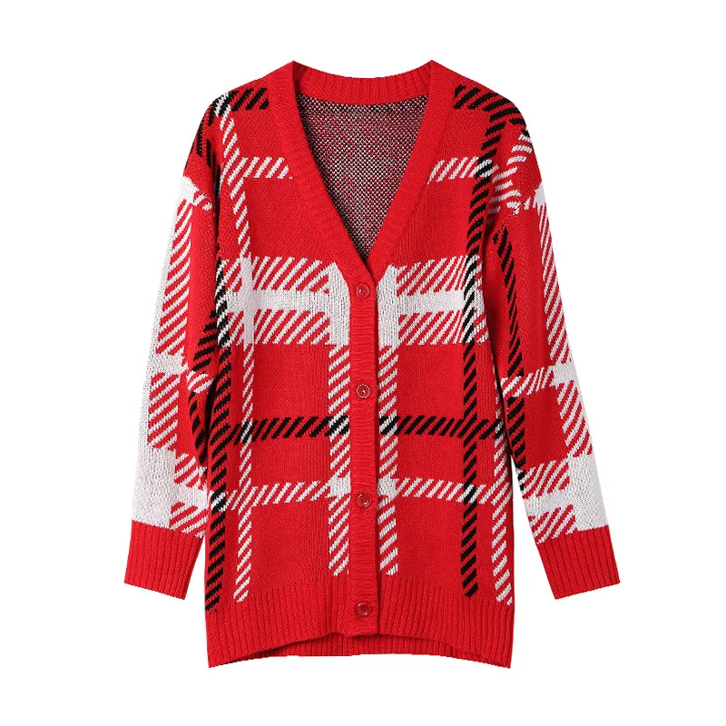 Fashion Week Street Beauty Blogger Same Red Chequered Card V-collar Lazy Wind Loose Knitted Women 2019 Fashion Women Sweater