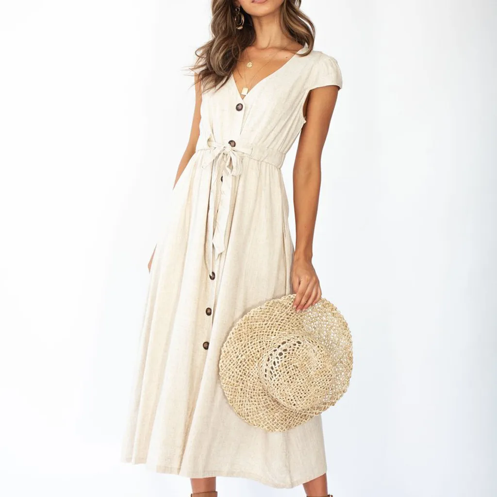 2019 جديد أنيق الأنثى Kleid المرأة الصيف النقي قصيرة الأكمام V-طوق زر اللباس Abito دا دونا علاء مودا