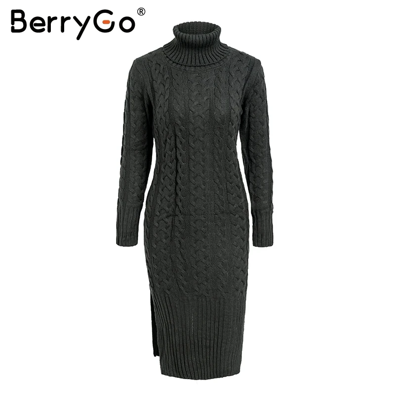 BerryGo водолазка Сплит свободный свитер платье длинное белое вязаное Женское зимнее платье трикотаж для осени уличная одежда женское платье - Цвет: Dark Grey