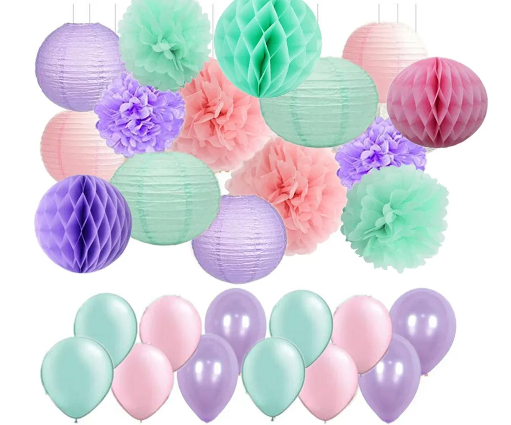 

Mermaid Party Decor/Under The Sea Party Supplies 45pcs Lavender Pink Mint Green Tissue Paper Pom Poms Paper Lanterns and Balloon