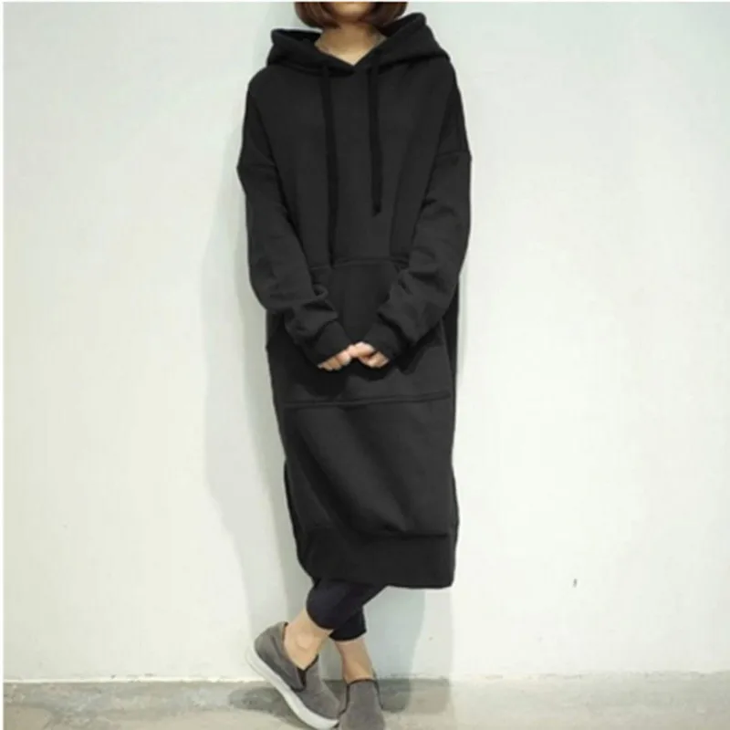 Women 2019 Winter Autumn Casual Loose Long Hoodies Sweatshirt Oversize Full Sleeve Fleece Split Hoo