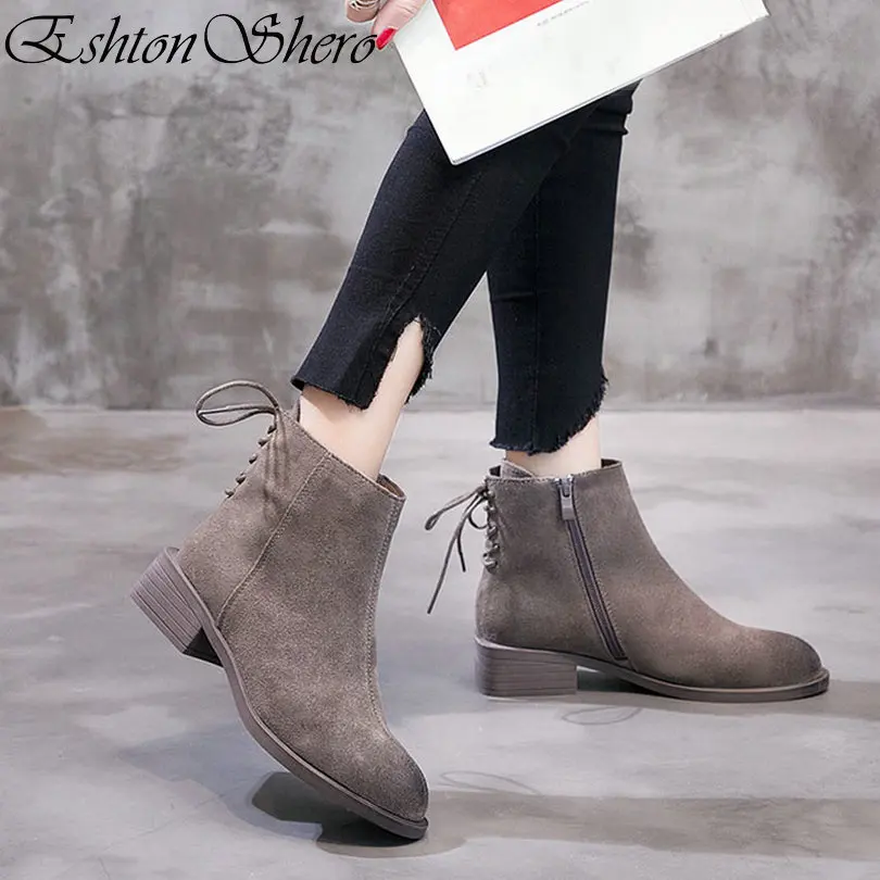 

EshtonShero Winter Women Ankle Boots Low Heels Shoes Woman Cow Suede+PU Round Toe Khaki Ladies Motorcycle Boots Size 4-8