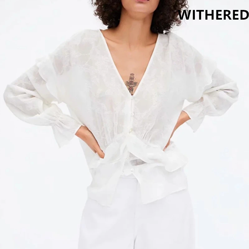 

Withered high street Cascading embroidery Jacquard v-neck blusas mujer de moda 2019 kimono blouse women womens tops and blouses