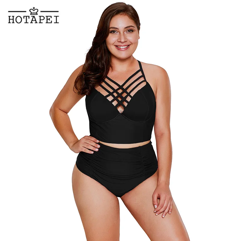 Hotapei новый плюс Размеры Купальники Черный Strappy Шея деталь Высокая талия Купальник