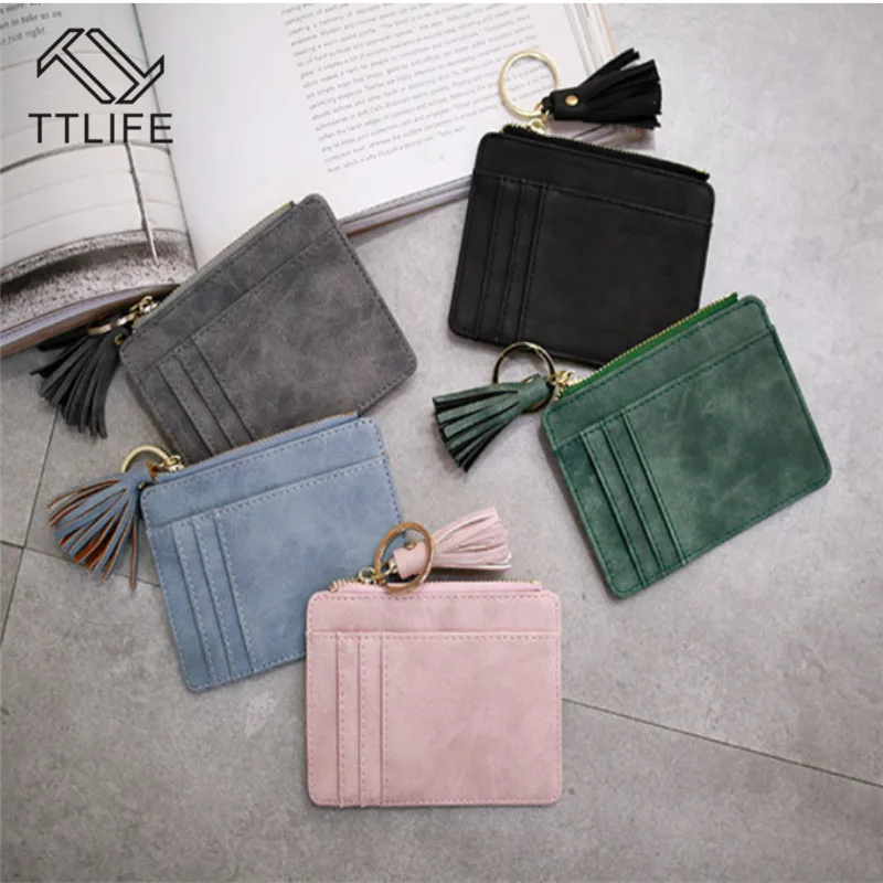 

TTLIFE Matt Leather Mini Tassel Women Card Holder Cute Credit ID Card Holders Zipper Storage bag Change Coin Purse Keychain 2019