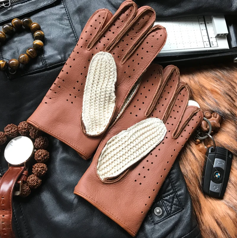 Mens Goatskin Leather Gloves Back Knitted Gloves Lambskin NEW Unlined Non-Slip Motorcycle Driving Gloves Male Leather Mittens