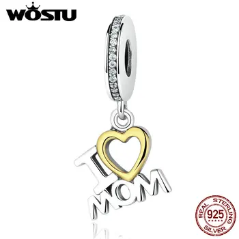 

High Quality 925 Sterling Silver I LOVE MOM Dangle Charm Fit Original WST Bracelet Authentic Jewelry Mother MUM Gift