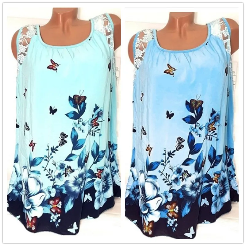 

5XL Plus Size Women Top Summer Sexy Beach Tops Casual Sleeveless Lace Butterfly Print T Shirt Fashion Women Loose Top Large Size
