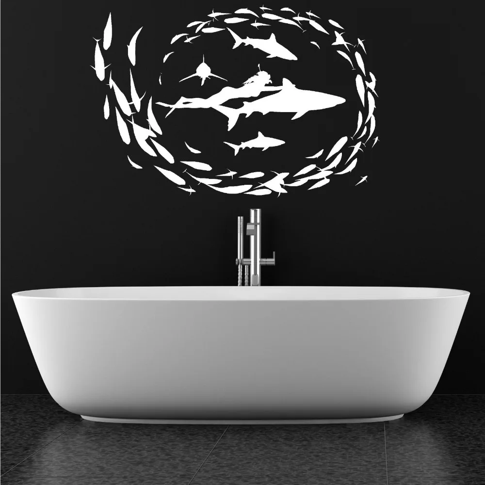 

Sea Animal Wall Sticker Shark Diving Fish DiverSharks Wall Mural Vinyl Art Design Home Bedroom Decoration Wal Mural Y-850