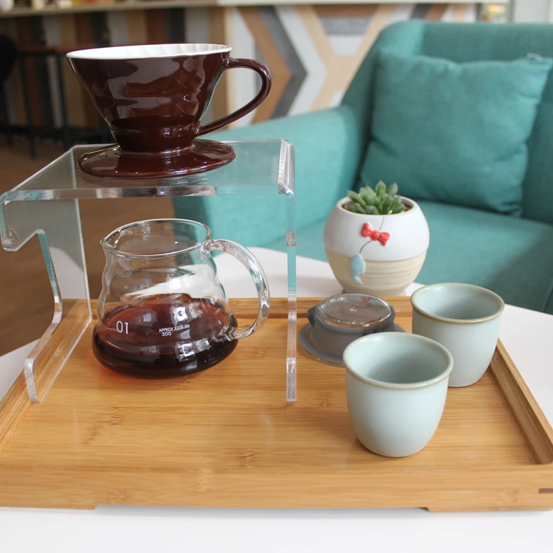 

V60 hand drip coffee percolators set 1 dripper + 1 server+ 2 cups+ 1 bamboo tray + 1 rack for baristar or cafe