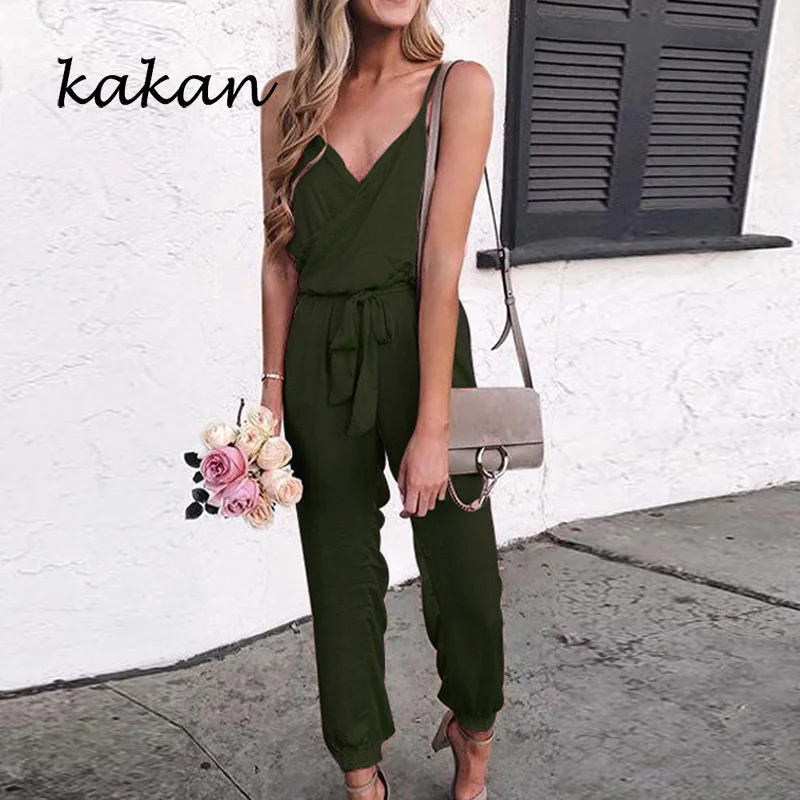 

Kakan women's solid color sling jumpsuit loose type belt jumpsuit white gray black pink army green jumpsuit