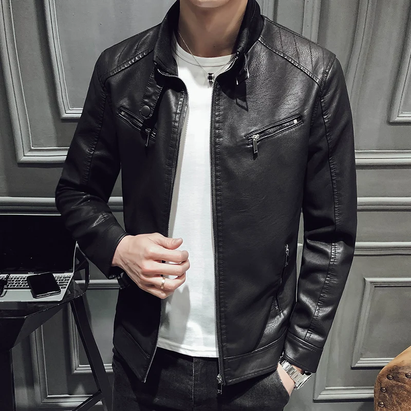  Men's Casual PU Slim Standing Collar Simulation Leather Coat Men Clothing Fashion Coats Male Motorc
