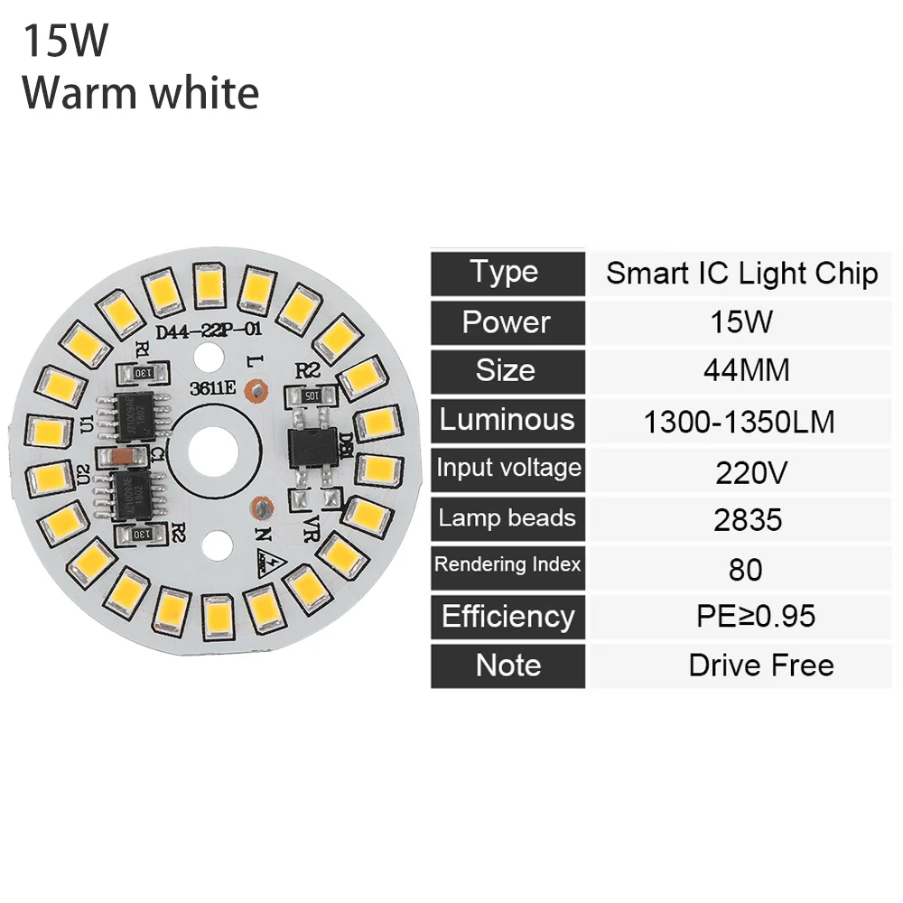 DIY светодиодный светильник AC220V, умный IC светодиодный светильник для лампы SMD 15 Вт 12 Вт 9 Вт 7 Вт 5 Вт 3 Вт, теплый белый - Испускаемый цвет: 15W