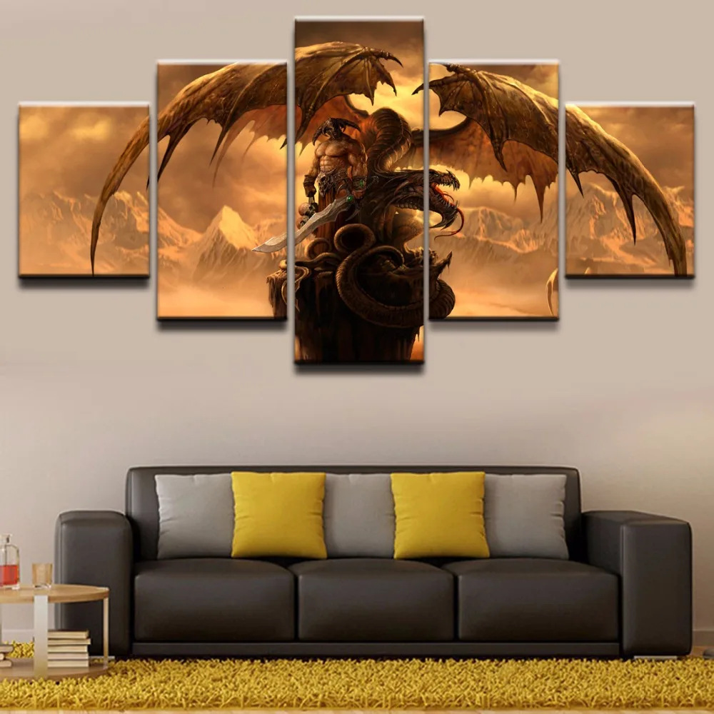 

Wall Art HD Printed Poster Framed Home Decor 5 Pieces Dragon Fantasy Sword Warrior Canvas Paintings Modern Boys Room Pictures