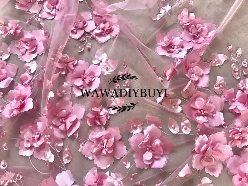 

1 Yard Dusty Pink 3D Beaded Blossom Tulle Embroidery Lce Fabric by Yard ,DIY Sewing Fabric Prom Dress Couture Fabric 130cm wide