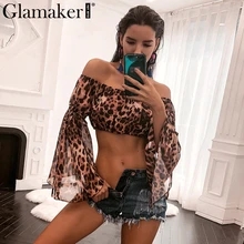 Glamaker, с открытыми плечами, леопардовая Сексуальная Блузка, рубашка, эластичная, с расклешенными рукавами, шифоновая блузка, женская летняя укороченная блузка, вечерняя одежда