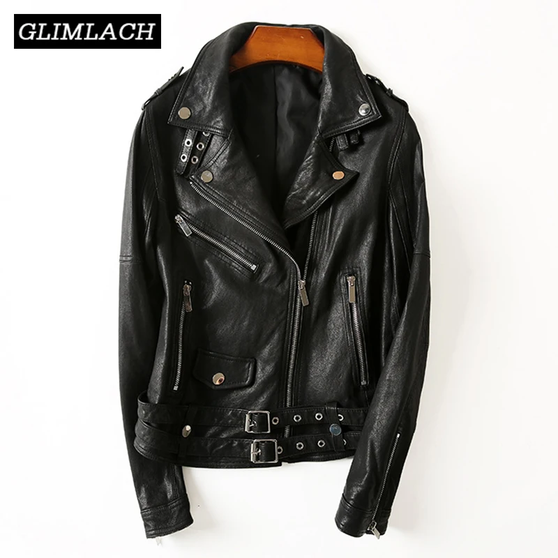

2019 Women Vintage Motorcycle Biker Short Leather Jacket Slim Fashion Genuine Sheepskin Real Sheep Leather Coats Sashes Black