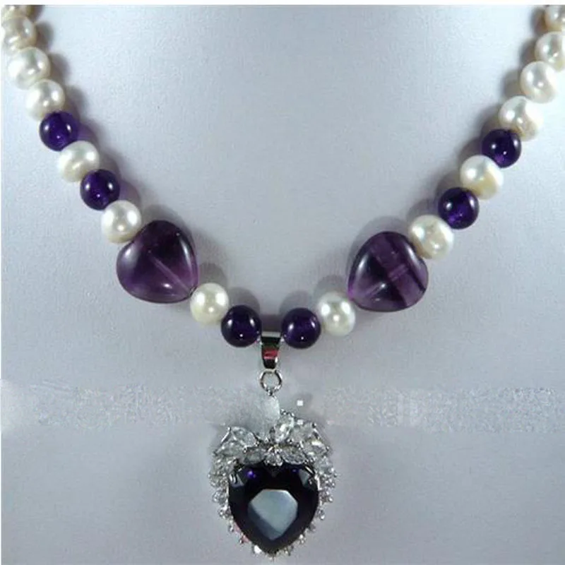 

2019 New women's White Genuine Freshwater 7-8MM Pearl heart -shaped Dark Purple zircon pendant necklace 18inches''H501567