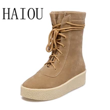 HAIOU Ботт Femme Hiver 2016 Талон Де Марка Женские Зимние снег Сапоги Мода Botas Коричневые Ботильоны Согреться Зашнуровать сапоги