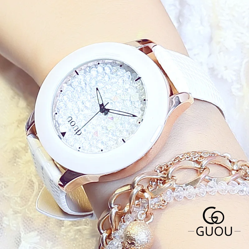GUOU брендовые модные женские кварцевые часы с кристаллами Reloj Mujer Relojes Роскошные