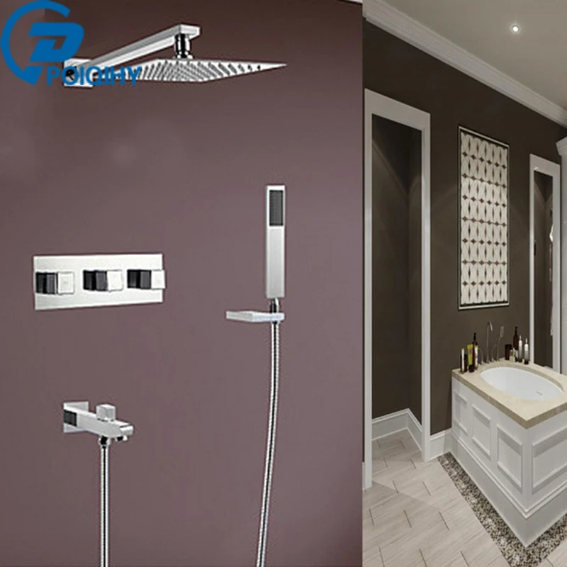 

POIQIHY Wholesale And Retail Thermostatic Waterfall Rain 10" Shower Faucet & Hand Shower Three Handles