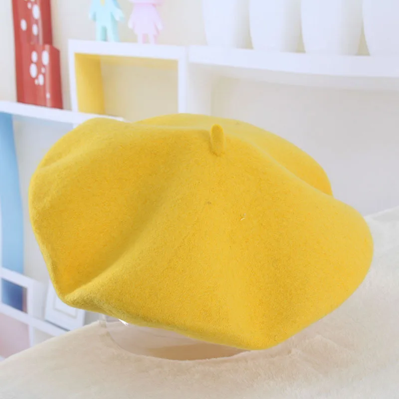 yellow Зимние Дешевые шерстяные одноцветные береты, женские шапки, женские шапки для художников, подходящие ко всему, теплые шапочки для прогулок - Цвет: yellow