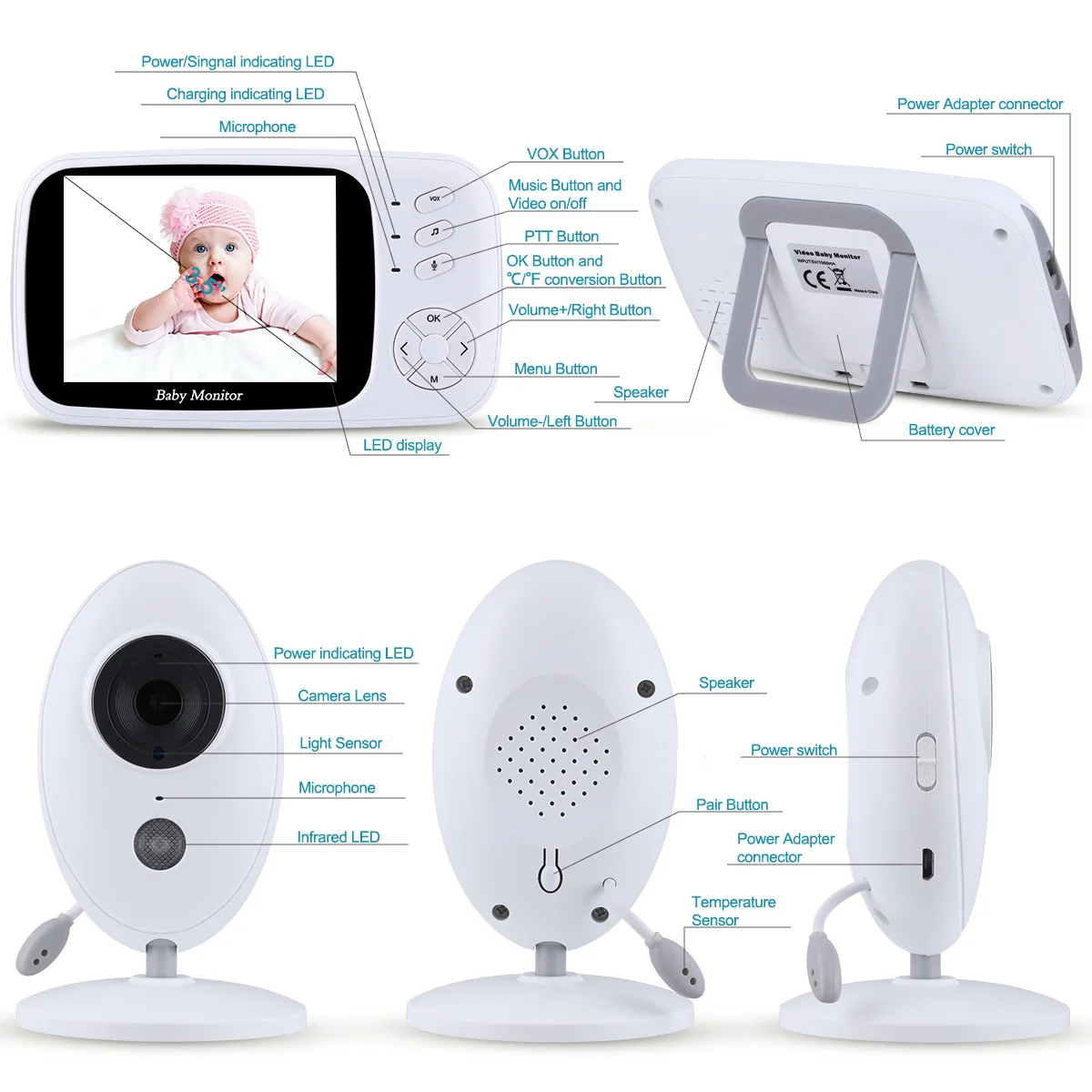  HYBON di Sicurezza Video Baby Monitor Senza Fili 3.5 Pollici 2 Audio Bidirezionale di Colloquio Nig