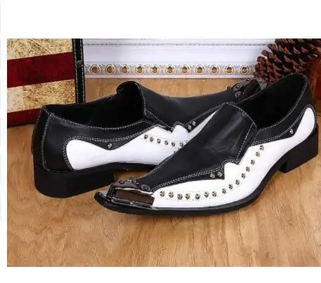 Retro Men REal Leather Zebra Pointy Toe Rivet Formal Dress Shoes Pull On Loafers