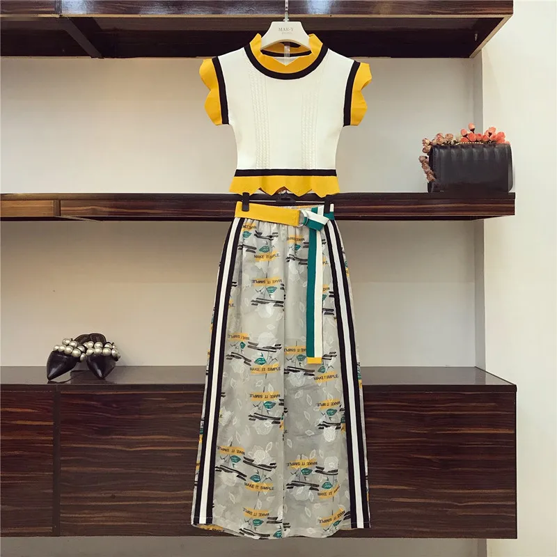 

2019 Summer Knit Trim Sleeveless Short Pullover Top + Print Wide Leg Pant Set Women Elastic Waist Belt Calf-Length Chiffon Pant