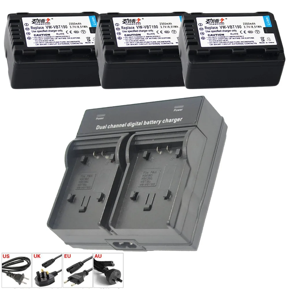 

3Pcs VW-VBT190 VBT190 vw vbt190 Li-ion Battery +LED Dual Charger for Panasonic HC-V110 HC-V130 HC-V160 HC-V180 HC-V201 HC-V210