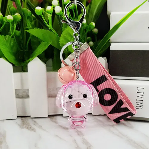 New cute resin acrylic animal bear, puppy, rabbit, color ribbon with bell cute temperament key ring pendant bag car pendant - Цвет: The dog -pink