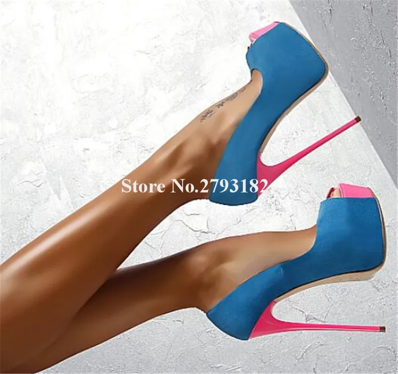 Женские модные замшевые туфли-лодочки на высокой платформе с открытым носком; синие туфли на очень высоком каблуке в стиле пэчворк; вечерние Клубные туфли