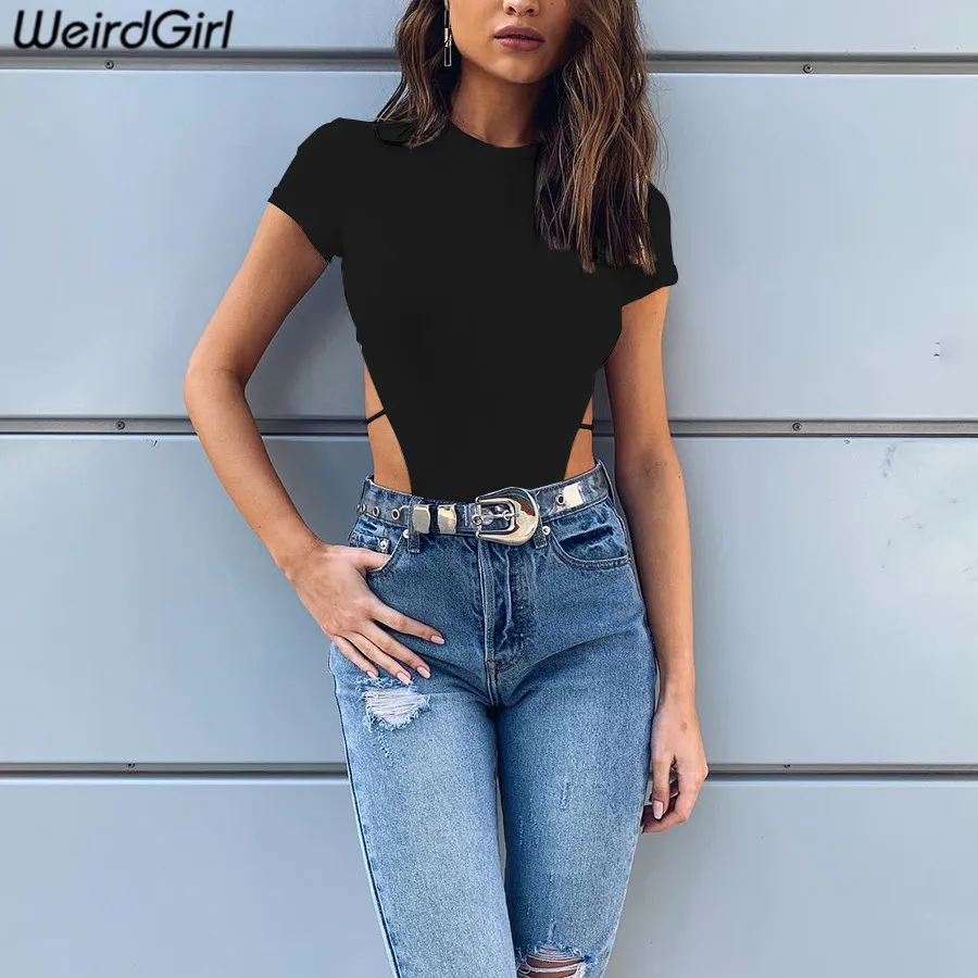 Weirdgirl النساء ضئيلة مثير ارتداءها الجوف خارج حزب نادي س الرقبة قصيرة الأكمام حللا الصلبة أبيض أسود الأزياء جديد الصيف