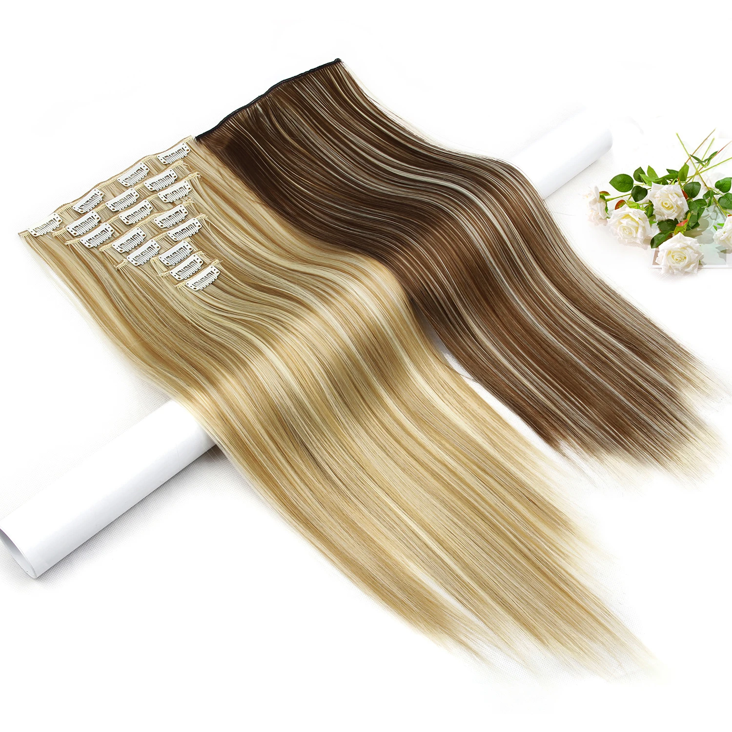 

Hairpieces Curly Clip In Hair Extensions Synthetic 8pcs Set 150G Ombre Hair Extensions Clip Fake Hair Pieces