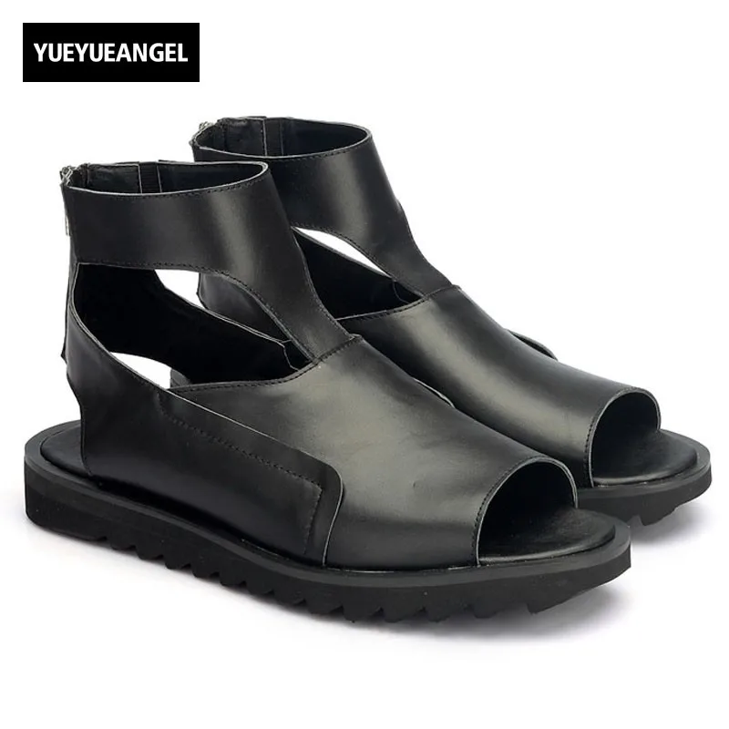 

2019 New Gothic High Top Mens Sandals Zipper Genuine Leather Summer Punk Peep Toe Gladiator Shoes Ankle Strap Platform Slippers
