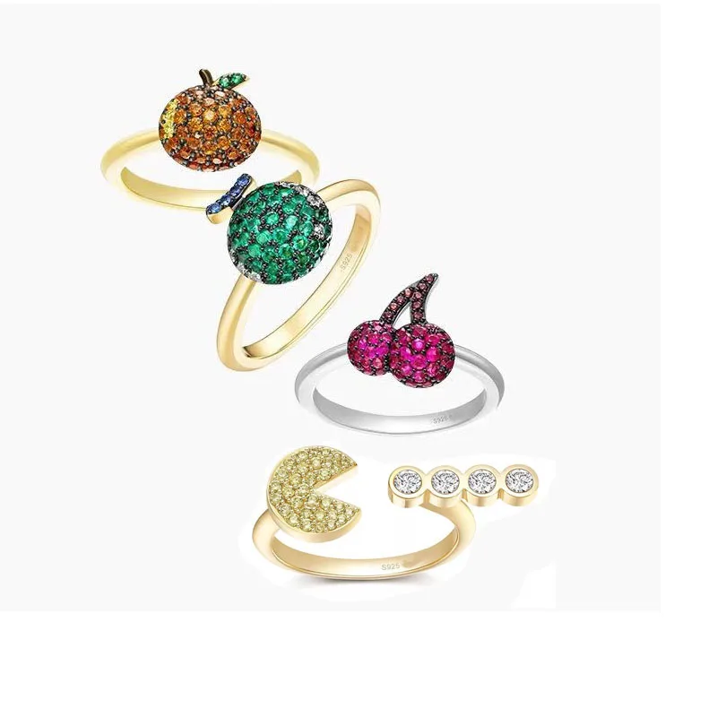 

SLJELY Lovely 925 Sterling Silver Colorful Micro Cubic Zirconia Cherry Orange Melon Fruit Finger Ring Women Girl Fashion Jewelry