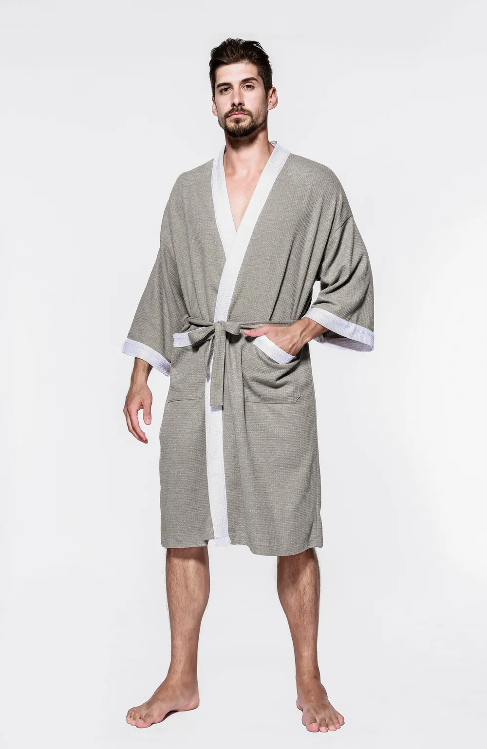 Babyoung сексуальные вафельные хлопковые мужские халаты Лоскутные гостиничные сауны спа банный халат унисекс Roupao мужское кимоно Homme плюс размер