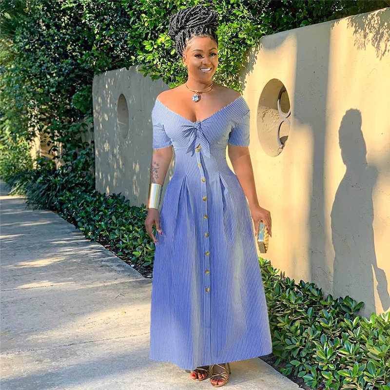 

Sexy V-neck Stripe Printed Women Dress Bowknot Tie Short Sleeve Bandage Bodycon Dress Off The Shoulder Long Dress Maxi Vestidos