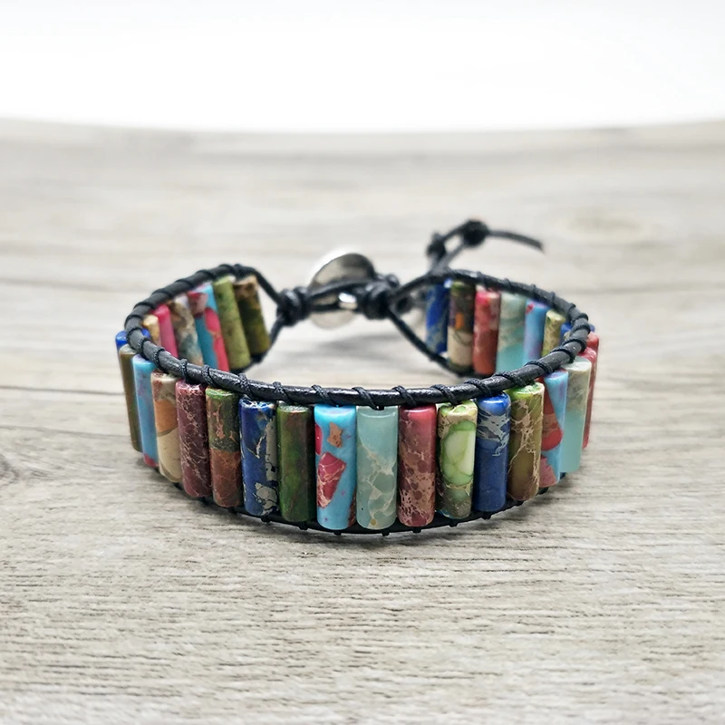 

New Tube Shape Natural Stone Single Leather Wrap Bracelet Semi Precious Stone Women Beaded Cuff Bracelet Boho Bracelet