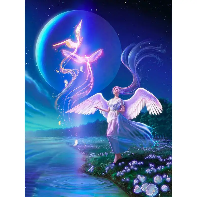 Full Diy Diamond Embroidery Angel Diamond Painting Stuck drill Blue Night Rhinestone Surface Lake Bird Home Decoration Picture