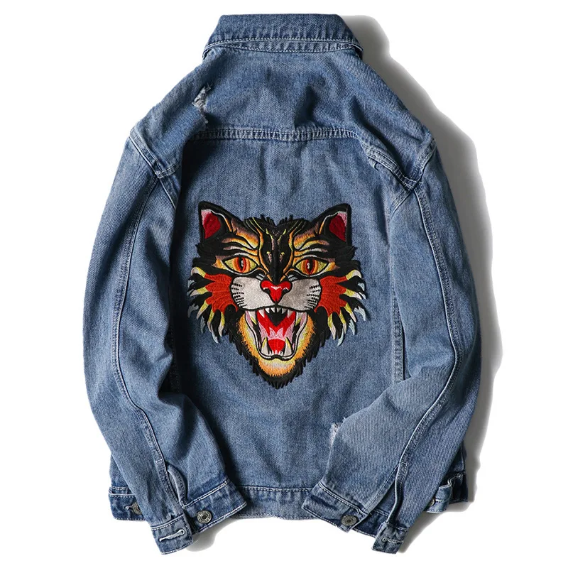 

New 19ss Men Long Sleeve Back Embroidery leopard Fashion High quality Denim Baseball Coats & Jackets Abstract digital coat #E199