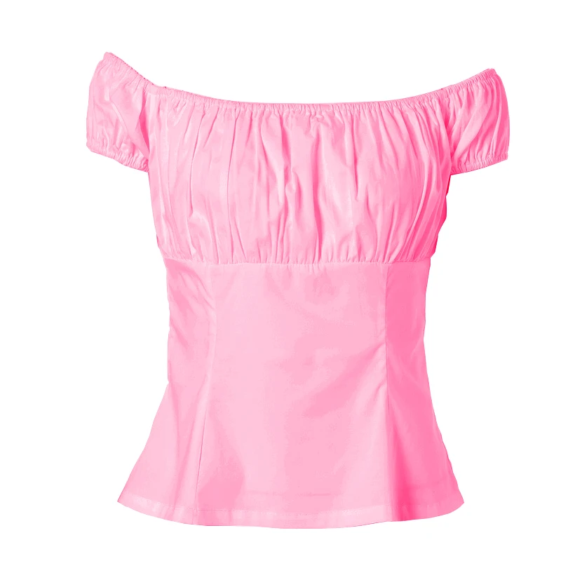 

2017 Off Shoulder Ruffled Sexy Lovely Pink Blouse Low Back Rockabilly 1950s Female Tops Woman Vintage Design Peasant Shirt