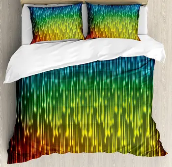 

Colorful Duvet Cover Set Galaxy Universe Outer Space Inspired Technical Neon Rain Modern Abstract Art Print 4 Piece Bedding Set
