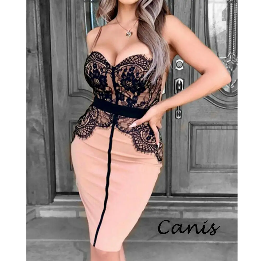 

Deep V Neck Elegant Women Summer Bodycon Sexy Sleeveless Lace Patchwork Evening Party Short Mini Dress