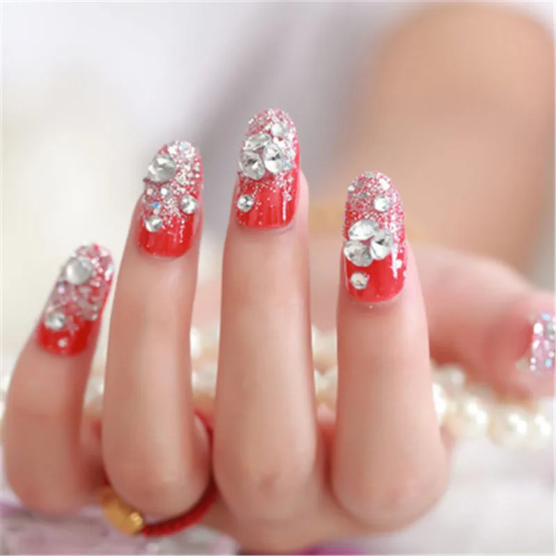 24 Pieces Full Cover Fake Nails Rhinestone Decoration Bride Fake Nail Patch Red Festive Nail Tool 3